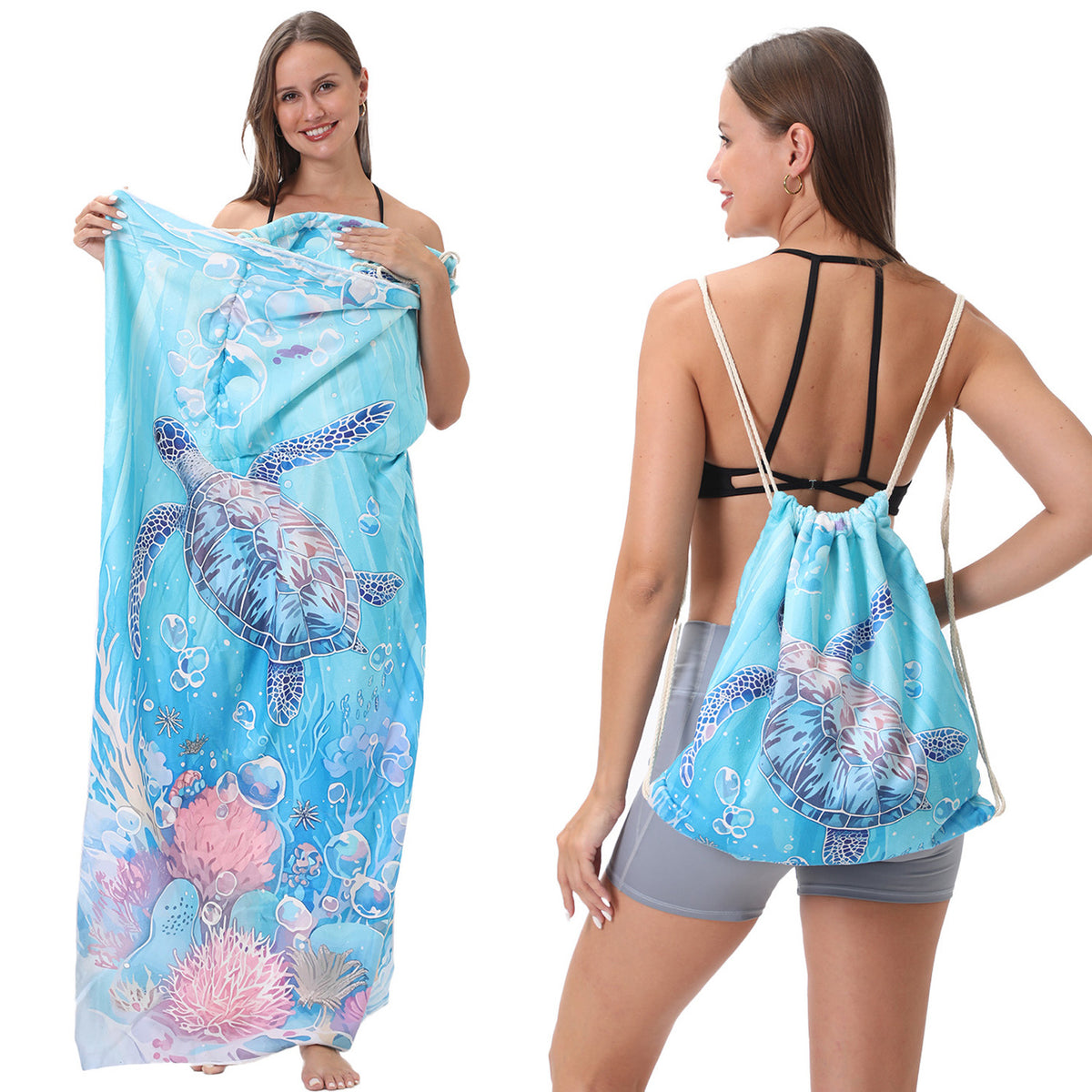 Dual-Function Foldable Beach Towel with Built-in Backpack – Soft Microfiber Towel & Compact Carry Bag in One, 55-Inch Large Size for Swimming, Travel, Picnic (Tortoise,Colorful)