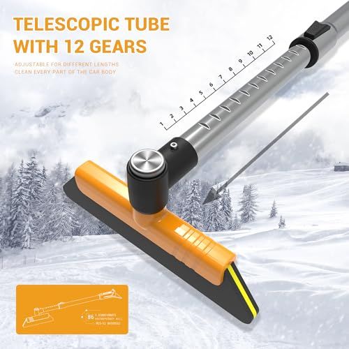 33.9" Ice Scrapers for Car Windshield Extendable Snow Brush for Car 12 Adjustable Length Settings with 360° Pivoting Brush Head Snow Removal Tools Snow Brush and Ice Scraper for Truck SUV(Orange)