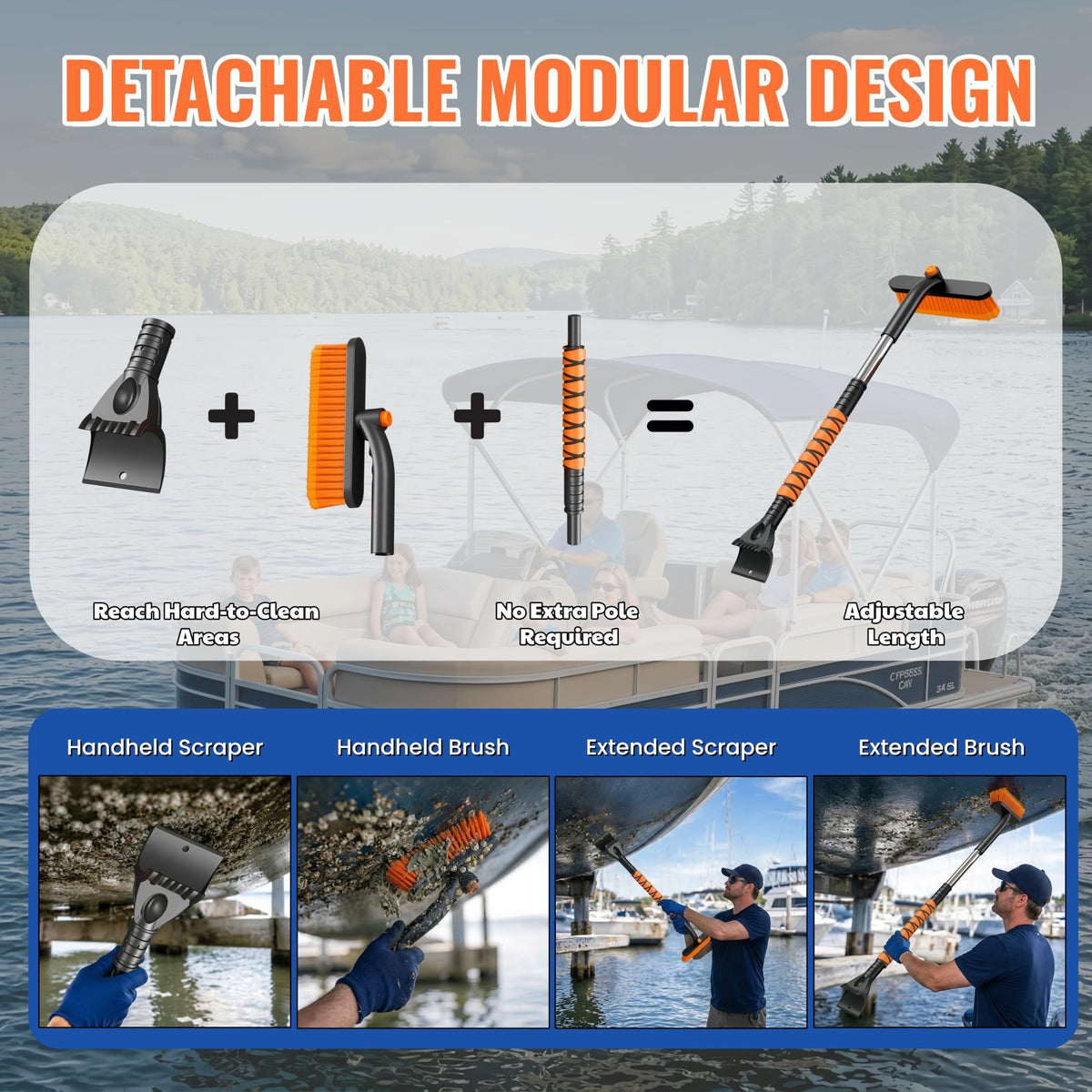 Boat Hull Barnacle Scraper with Brush Pole,Underwater Pontoon Cleaning Tool,Modular Scraper & Brush,Safe Plastic Edge for Fiberglass,Adjustable Extension Pole Included,Pontoon & Boat Bottom Cleaner(Orange)