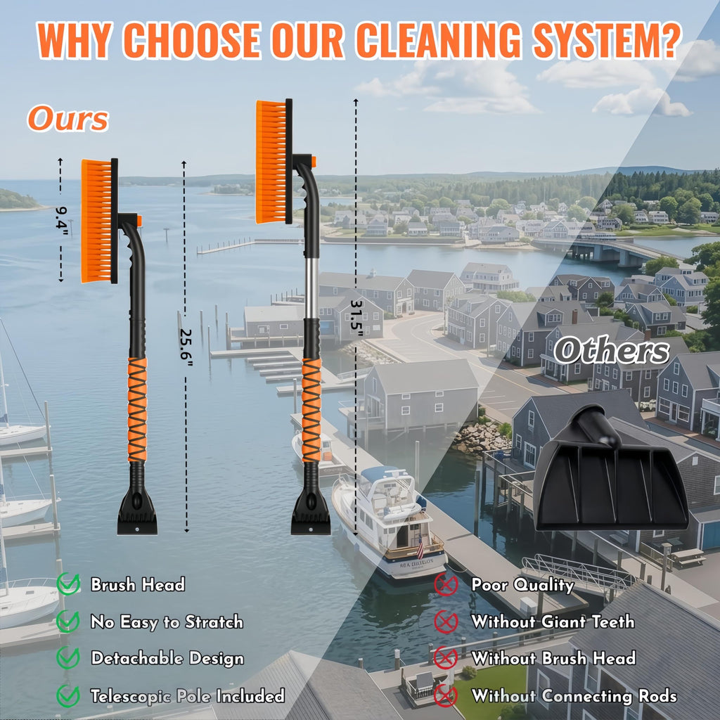 Boat Hull Barnacle Scraper with Brush Pole,Underwater Pontoon Cleaning Tool,Modular Scraper & Brush,Safe Plastic Edge for Fiberglass,Adjustable Extension Pole Included,Pontoon & Boat Bottom Cleaner(Orange)