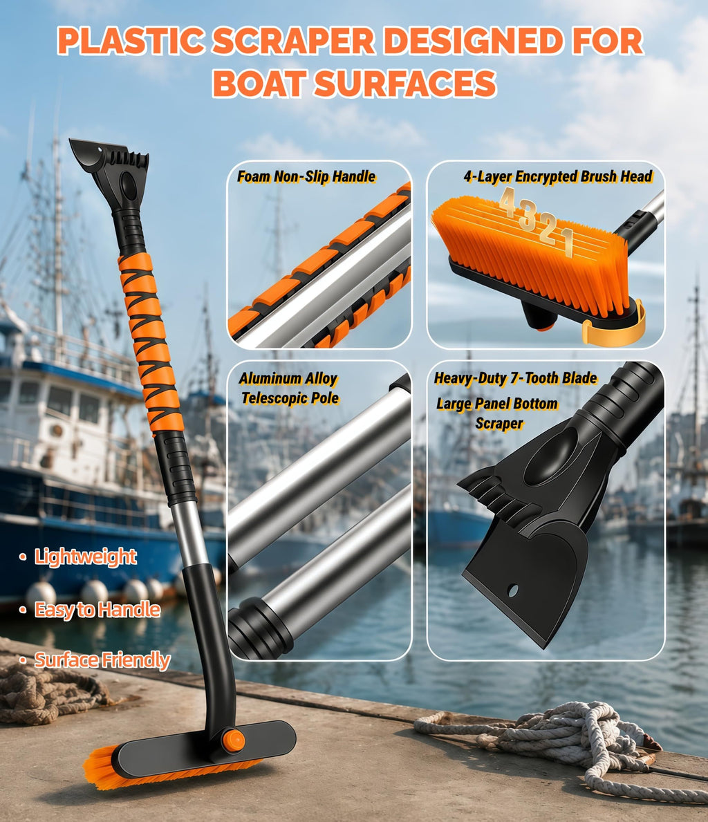 Boat Hull Barnacle Scraper with Brush Pole,Underwater Pontoon Cleaning Tool,Modular Scraper & Brush,Safe Plastic Edge for Fiberglass,Adjustable Extension Pole Included,Pontoon & Boat Bottom Cleaner(Orange)