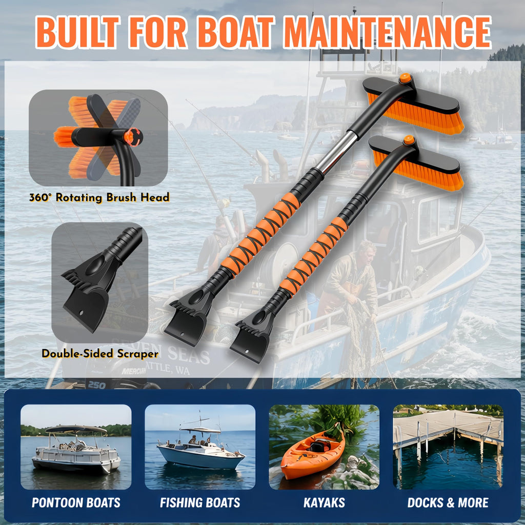 Boat Hull Barnacle Scraper with Brush Pole,Underwater Pontoon Cleaning Tool,Modular Scraper & Brush,Safe Plastic Edge for Fiberglass,Adjustable Extension Pole Included,Pontoon & Boat Bottom Cleaner(Orange)