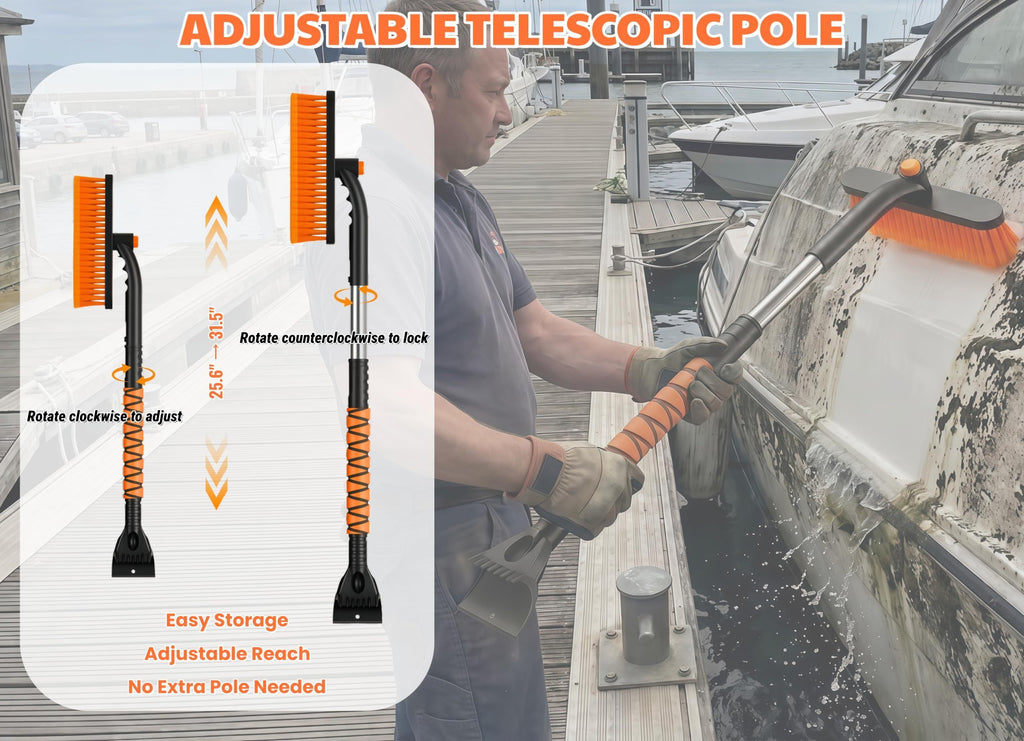 Boat Hull Barnacle Scraper with Brush Pole,Underwater Pontoon Cleaning Tool,Modular Scraper & Brush,Safe Plastic Edge for Fiberglass,Adjustable Extension Pole Included,Pontoon & Boat Bottom Cleaner(Orange)