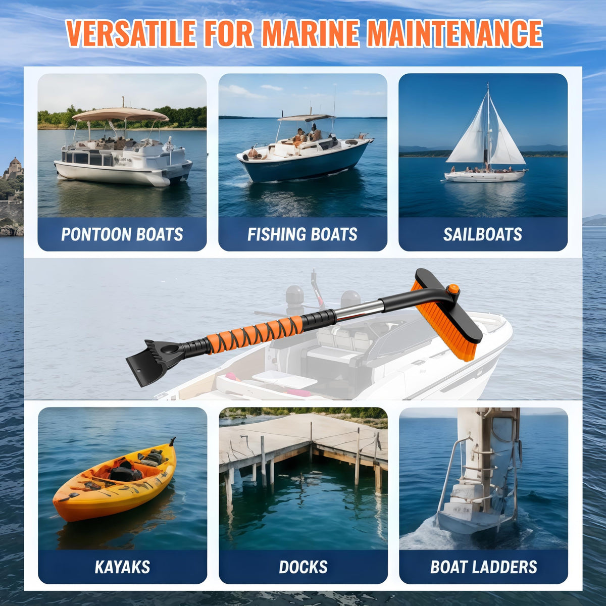 Boat Hull Barnacle Scraper with Brush Pole,Underwater Pontoon Cleaning Tool,Modular Scraper & Brush,Safe Plastic Edge for Fiberglass,Adjustable Extension Pole Included,Pontoon & Boat Bottom Cleaner(Orange)