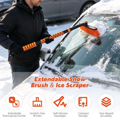 39" Extendable Snow Brush & Ice Scraper, 360° Pivoting Head
Snow Scraper Essentials Kit,No-Scratch Bristles, Comfort Foam Grip for Car Truck SUV, Automotive Winter Car Accessories(Orange)