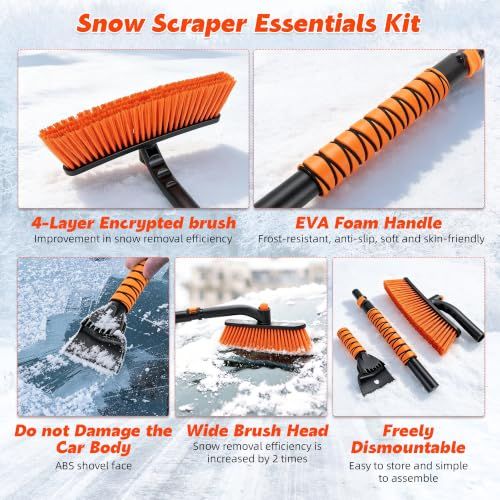 39" Extendable Snow Brush & Ice Scraper, 360° Pivoting Head
Snow Scraper Essentials Kit,No-Scratch Bristles, Comfort Foam Grip for Car Truck SUV, Automotive Winter Car Accessories(Orange)