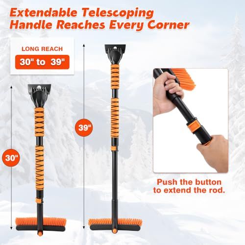 39" Extendable Snow Brush & Ice Scraper, 360° Pivoting Head
Snow Scraper Essentials Kit,No-Scratch Bristles, Comfort Foam Grip for Car Truck SUV, Automotive Winter Car Accessories(Orange)