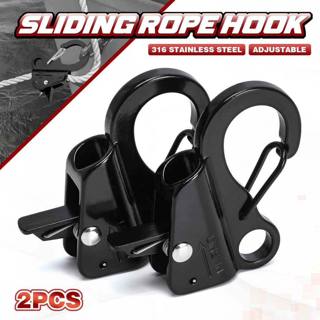 Sliding Rope Hook for Boating, Camping, Fishing & Outdoor Activities, 2Pack (Black)