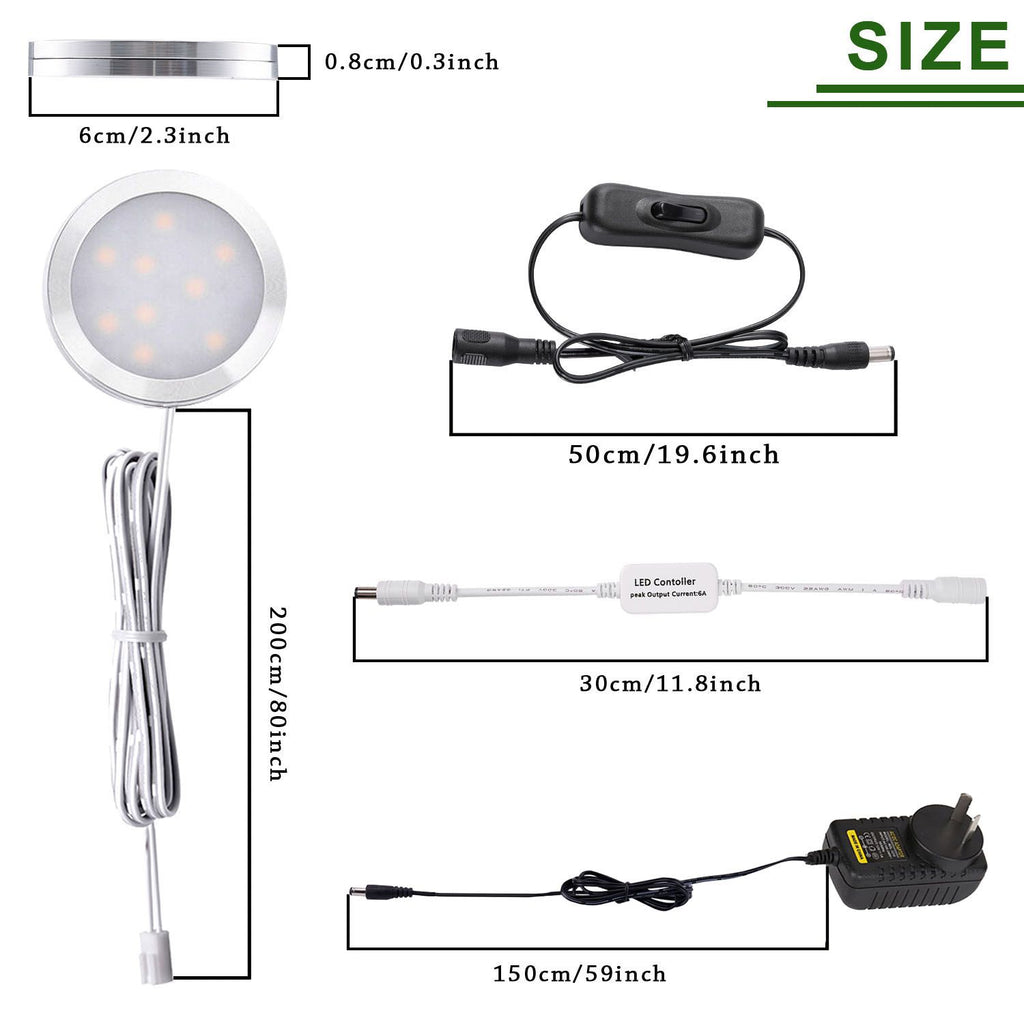 Dimmable LED Under Cabinet Lighting, Counter Showcase Kitchen Lighting Fixtures with 12V Plug in adapter and Dimmable Wireless Remote Control, 4 Ultra Slim Puck Lights Kit (Warm White)