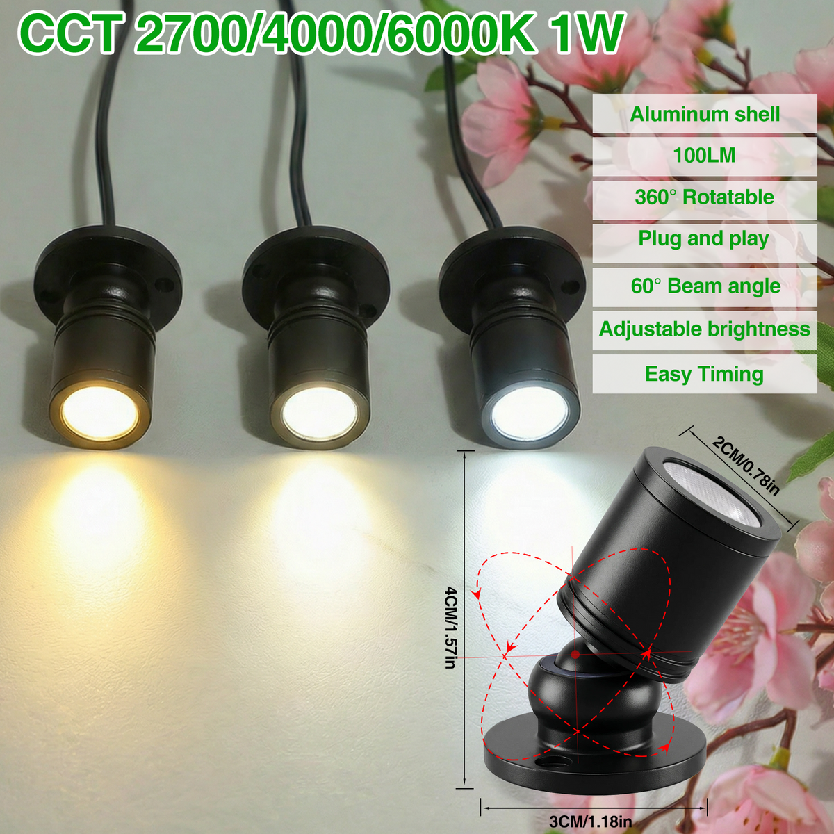 Dimmable LED Mini Spotlight, 12V CCT 2700K-6000K, Adjustable for Display, Cabinet, Showcase, Artwork, 360° Rotatable Accent Lighting, Surface Mount with Slider Dimmer & Adapter (CCT, 4Pack)