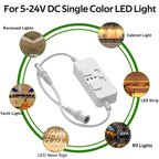 Single Color Slider Dimmer with Timer - PWM 1pc DC 5V/12V/24V LED Controller, 36W Max, Slide Brightness Control & Auto-Off for LED Strip Lights, Closet, Counter, Aquarium Lighting (White)
