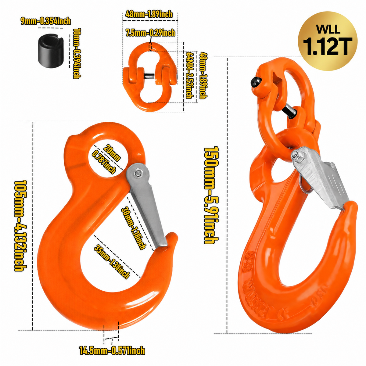 1.12T Sling Hook & Hammerlock Kit, 2 Sets Heavy Duty Trailer Safety Chain Hooks for Caravan, Camper & Boat Trailers-Orange