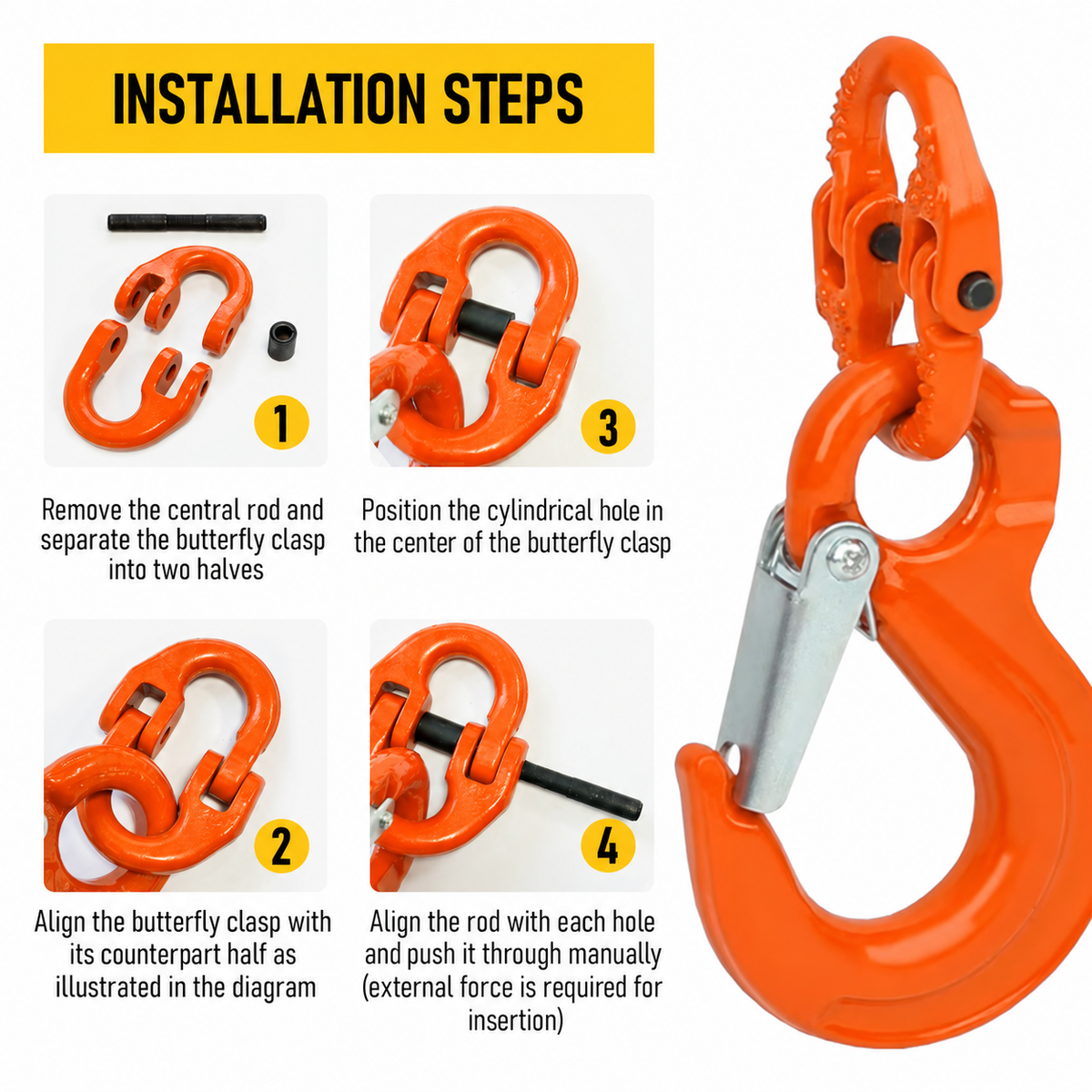 3.15T Sling Hook & Hammerlock Kit, 2 Sets Heavy Duty Trailer Safety Chain Hooks for Caravan, Camper & Boat Trailers-Orange