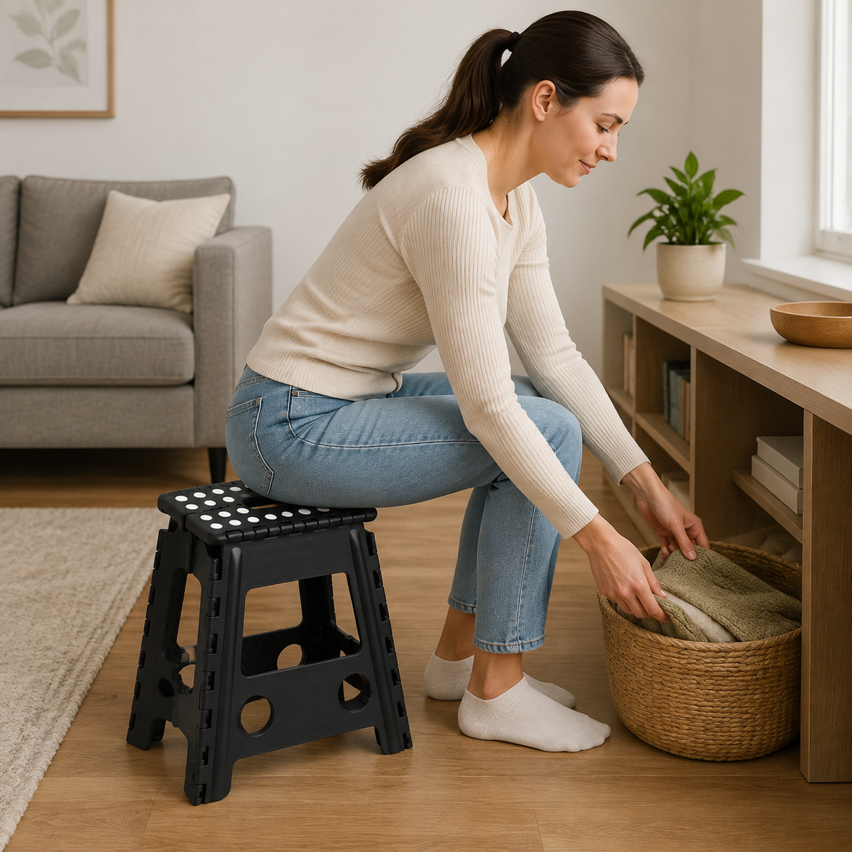 Portable Black Folding Stool with Carry Handle, Non-Slip Seat and TPR Feet,  for Camping and Home(39x29x22cm)