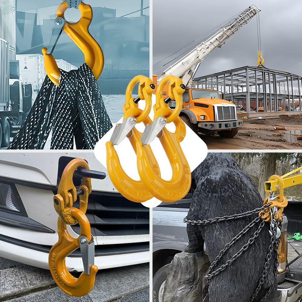 2SETS 2T Sling Hook With Hammerlock Heavy Duty Safety Latch Swivel Winch Hook For Trailer Safety Chain-Yellow