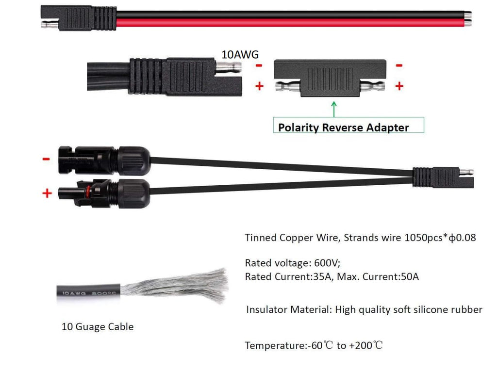 Solar Panel Connectors 10AWG Compatible with MC-4 Solar Connecter to SAE Adapter PV Extension Cable Wire for RV Caravan Solar Panels Battery Charger kit with Two SAE to SAE Polarity Reverse Adapters