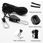 2 Pieces 4M Adjustable Ratchet ROpe, 1/8 Black Ratchet Pulley With 2 Replacement Hooks, Reflective Ratchet ROpe