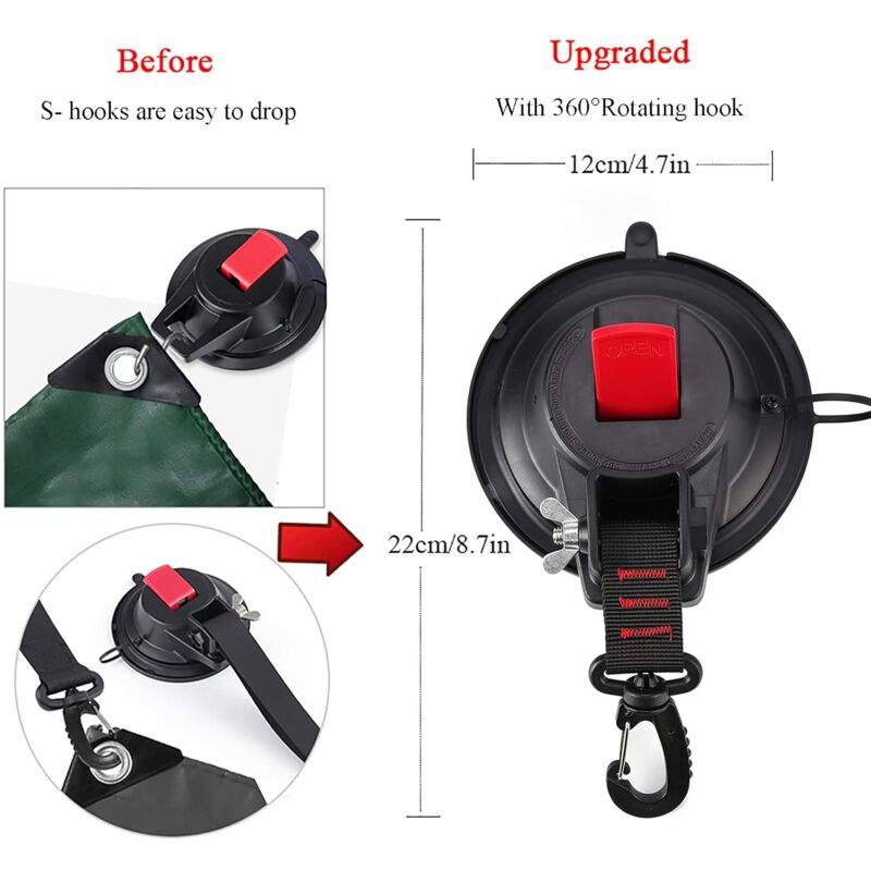 2 pcs Strong Car Anchor Suction Cups With Hook Fixing For Car Side Awning, Boat, Camping, Tarp, Tents, Luggage, Tarps