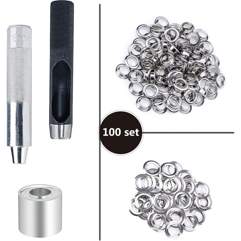 Grommet Kit Tools 10Mm Metal Eyelets Sets 100 Set Grommets Eyelets Kit For Canvas Tarpaulin Tent Repair Silver (2/5