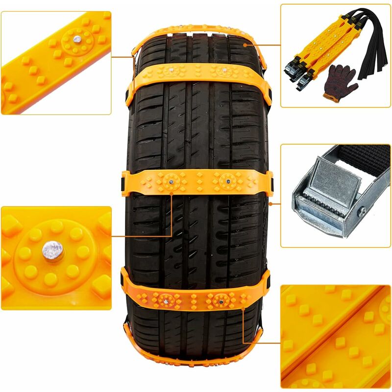 10 pcs Car Snow Socks 185-225 Mm, Yellow Snow Chains, Adjustable Emergency Traction Cables Anti-Slip Car Tire Chain,
