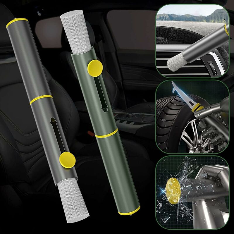 3 In 1 Multifunctional Car Cleaning Brush, Dust Remover, Tire Stone Hook, Window Breaker Hammer. Feather Duster Brush