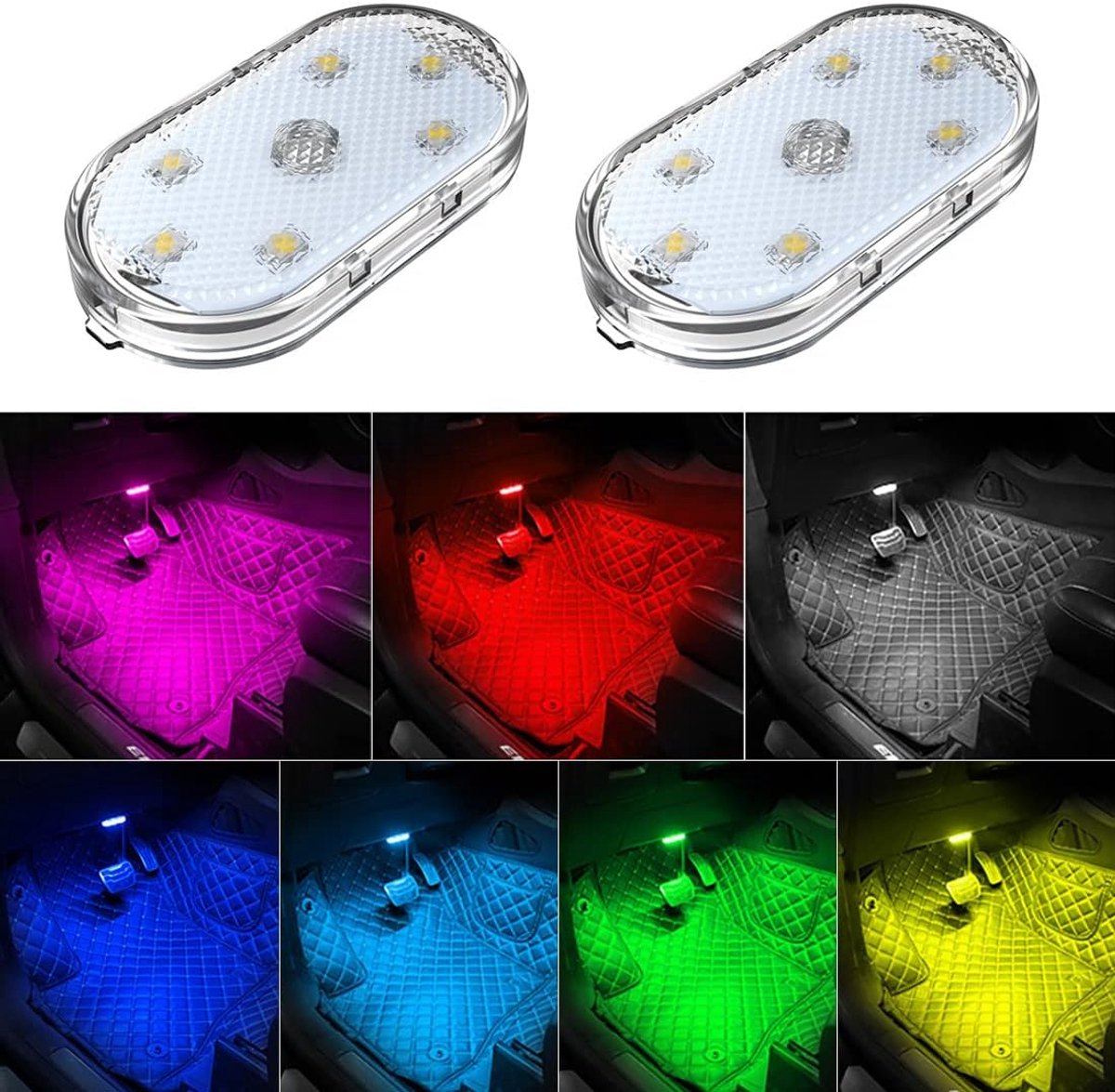 Set of 2 LED car interior lights, 7-color ambient lighting, USB rechargeable reading lights, portable