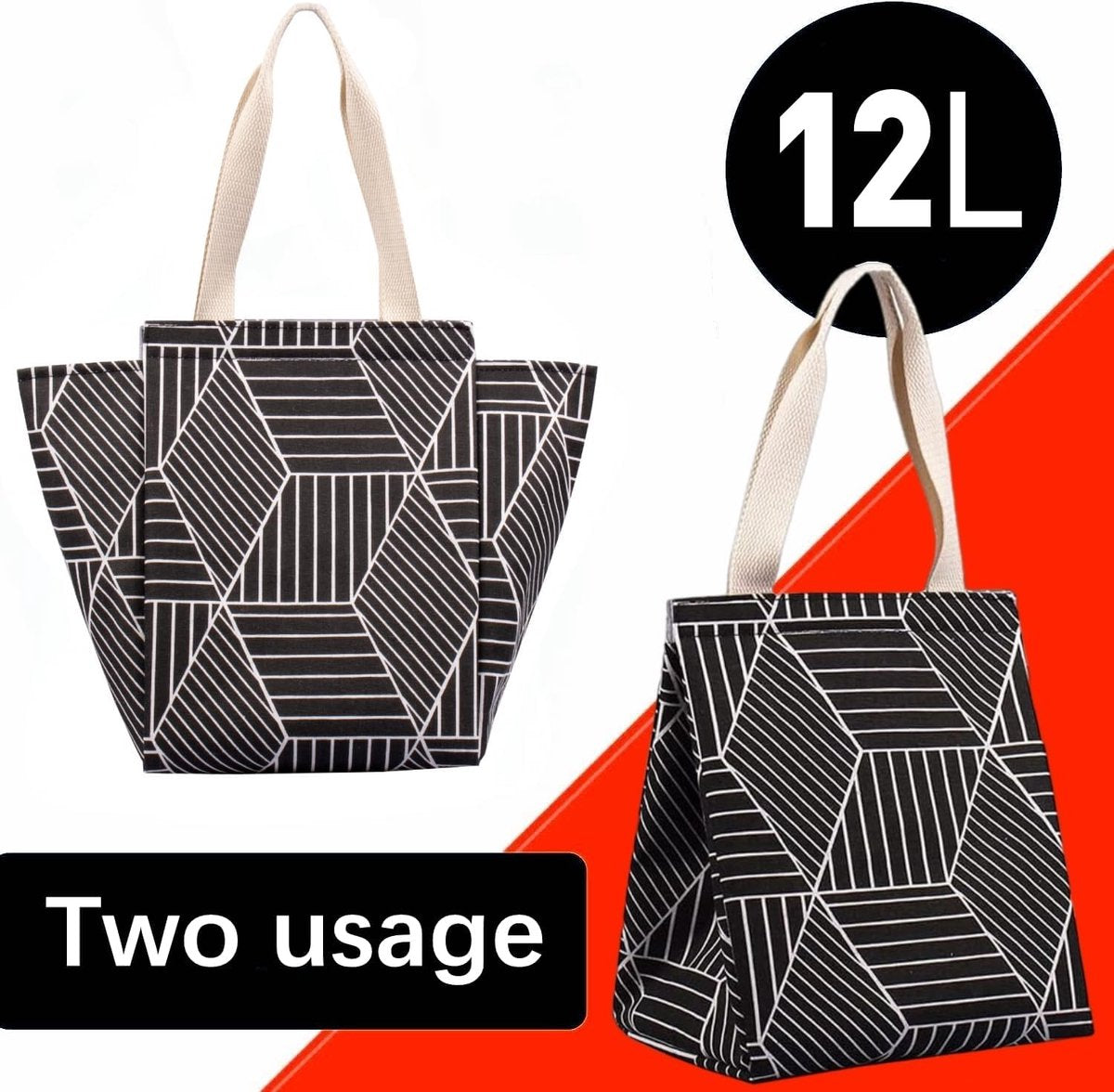 Lunch bag - Insulated bags - Insulated lunch bag for women - Sturdy, foldable and portable lunch bag with wide opening - With interior pockets - Insulated and leakproof cooler - For picnics and beaches for adults (Black Diamond)