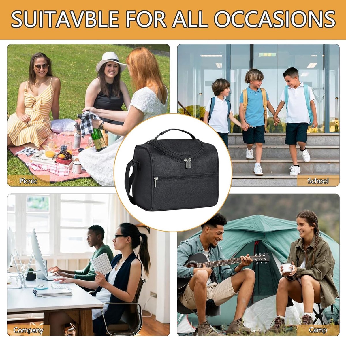 Picnic bag - Lunch bag - Lunch bag for adults - Insulated lunch bag for men - Reusable cooler - Waterproof and easy to clean - For work, travel, picnics, outdoor activities, school, and the office