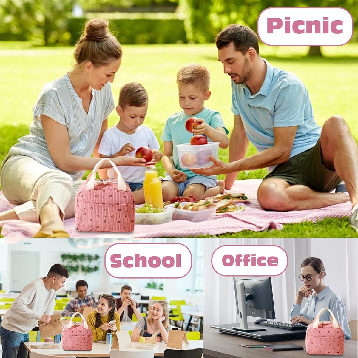 Women's Insulated Lunch Bag - Pink Insulated Bag for Work and School