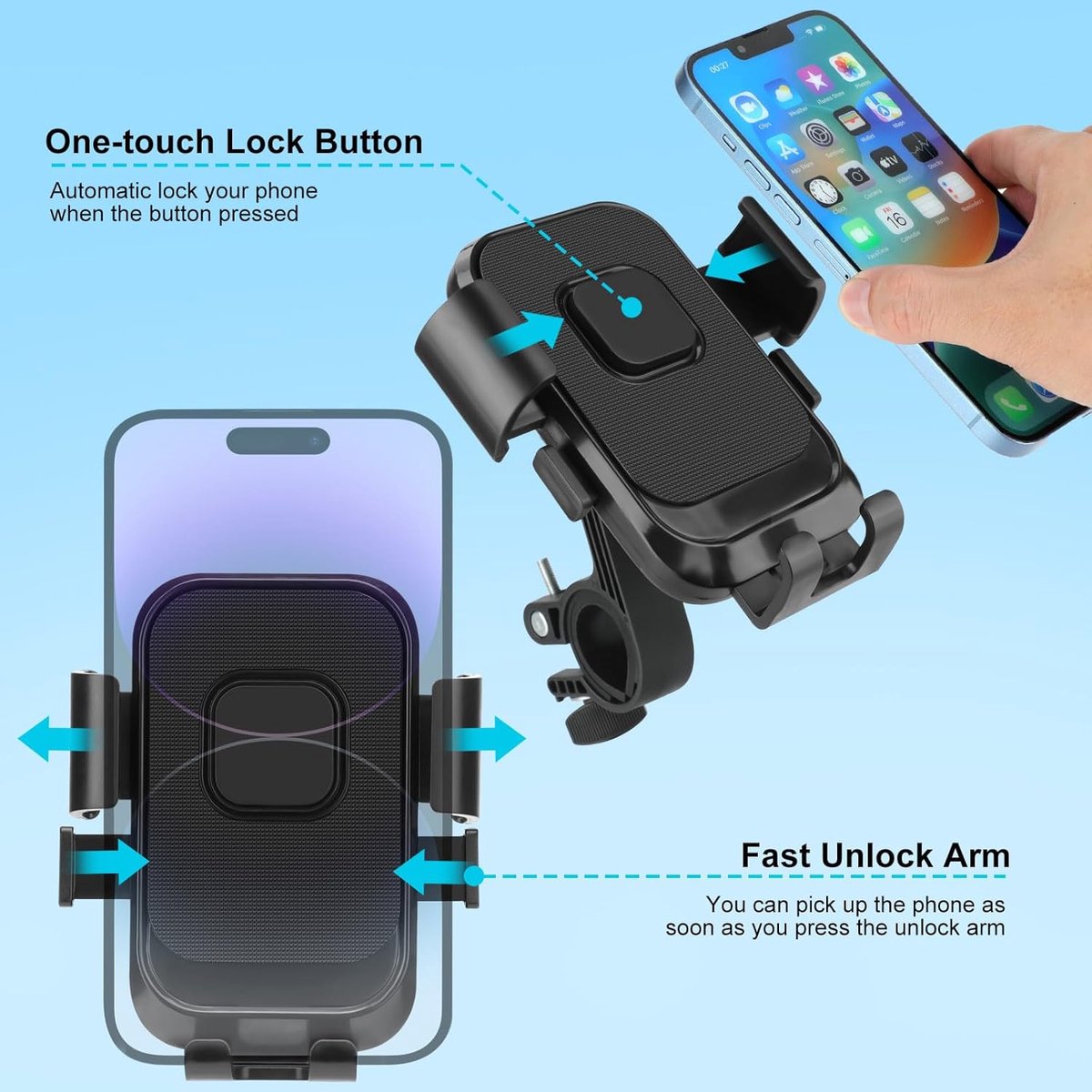 Bicycle Phone Holder - Motorcycle Phone Holder - 1 Second Automatic Locking - 360 Degree Rotating Bicycle Handlebar Phone Holder - Suitable for Mountain Bikes, Electric Scooters, and Other Models