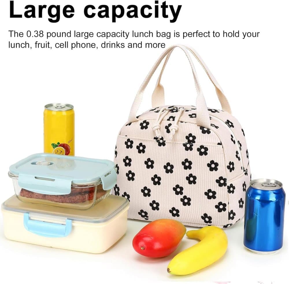 Insulated Corduroy Lunch Bag Cooler Leak-proof for Picnics and Work, 26cm