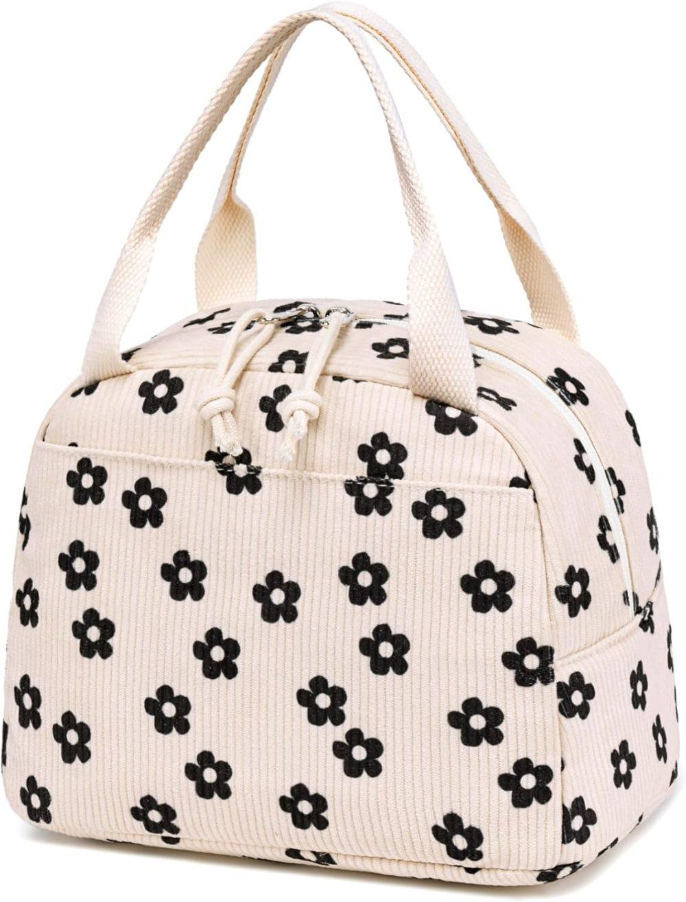 Insulated Corduroy Lunch Bag Cooler Leak-proof for Picnics and Work, 26cm