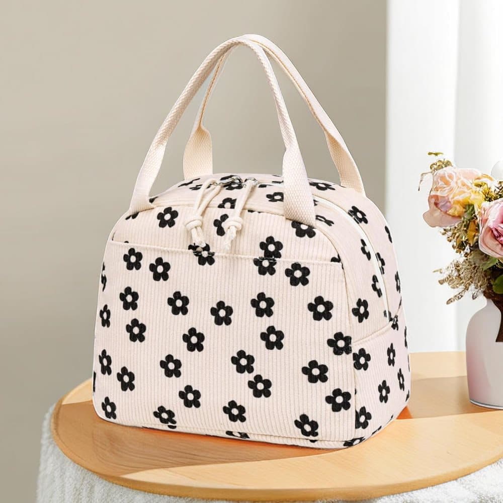 Insulated Corduroy Lunch Bag Cooler Leak-proof for Picnics and Work, 26cm