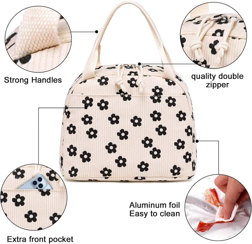 Insulated Corduroy Lunch Bag Cooler Leak-proof for Picnics and Work, 26cm