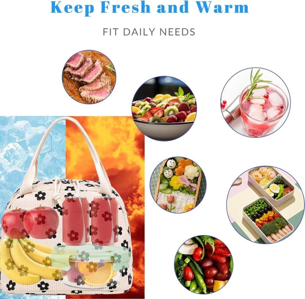 Insulated Corduroy Lunch Bag Cooler Leak-proof for Picnics and Work, 26cm