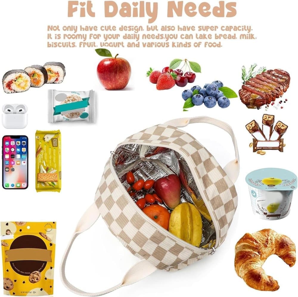 Insulated Corduroy Lunch Bag Cooler Leak-proof for Picnics and Work, 26cm