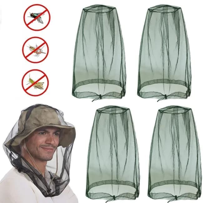 4 pcs Mosquito Net for Hat, Dark Green, Waterproof Adjustable Ultra-fine with Storage Bag, for Fishing Hiking Camping Garden