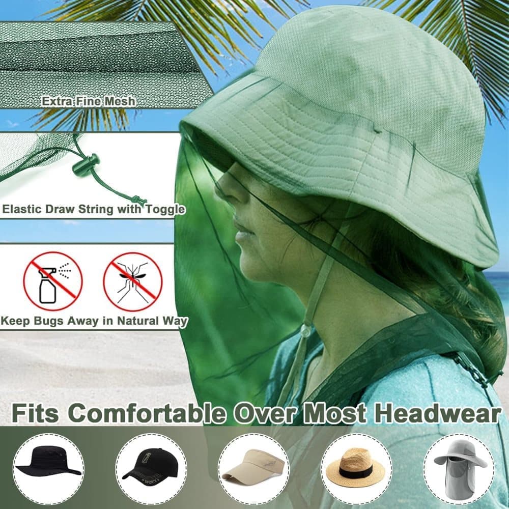 4 pcs Mosquito Net for Hat, Dark Green, Waterproof Adjustable Ultra-fine with Storage Bag, for Fishing Hiking Camping Garden