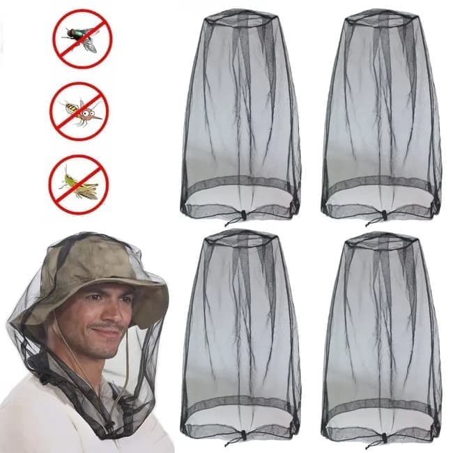 4 pcs Mosquito Net for Hat, Black, Waterproof Adjustable Ultra-fine with Storage Bag, for Fishing Hiking Camping Garden