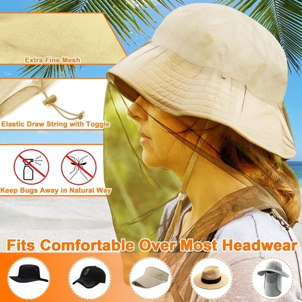 4 pcs Mosquito Net for Hat, Waterproof Adjustable Ultra-fine with Storage Bag, for Fishing Hiking Camping, Beige