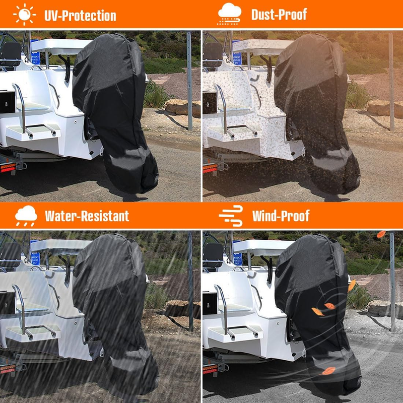 600D Oxford Cloth Outboard Motor Cover, Waterproof UV Resistant Boat Engine Protective Cover for Yacht Fishing Boat（175-225HP）