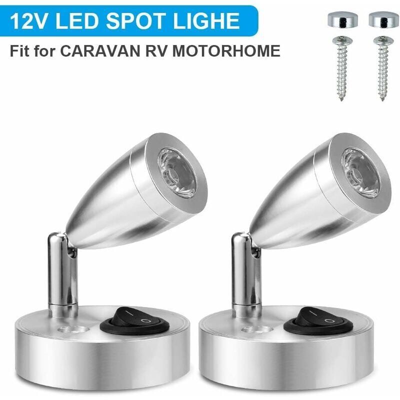 2 Pcs 12V LED Spot Reading Lights 3000K 3W Adjustable Switch Silver
