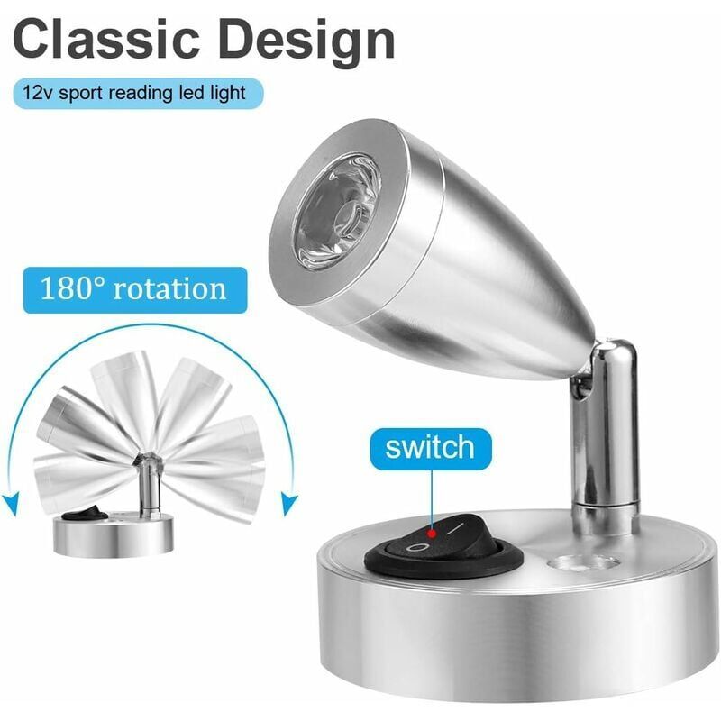 2 Pcs 12V LED Spot Reading Lights 3000K 3W Adjustable Switch Silver