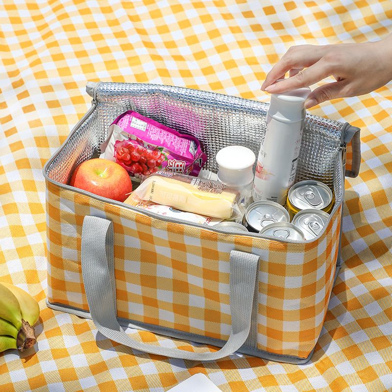 2 Pack Insulated Picnic Lunch Bags, Checkered Thermal Food Storage Totes, Yellow