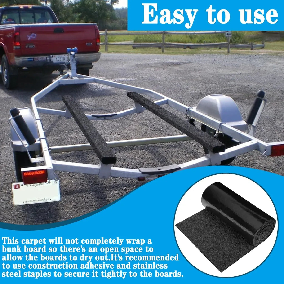 Boat Trailer Bunk Carpet Roll, Felt Marine Padding with Anti Slip PE Backing, Black 20 Ft x 8 In