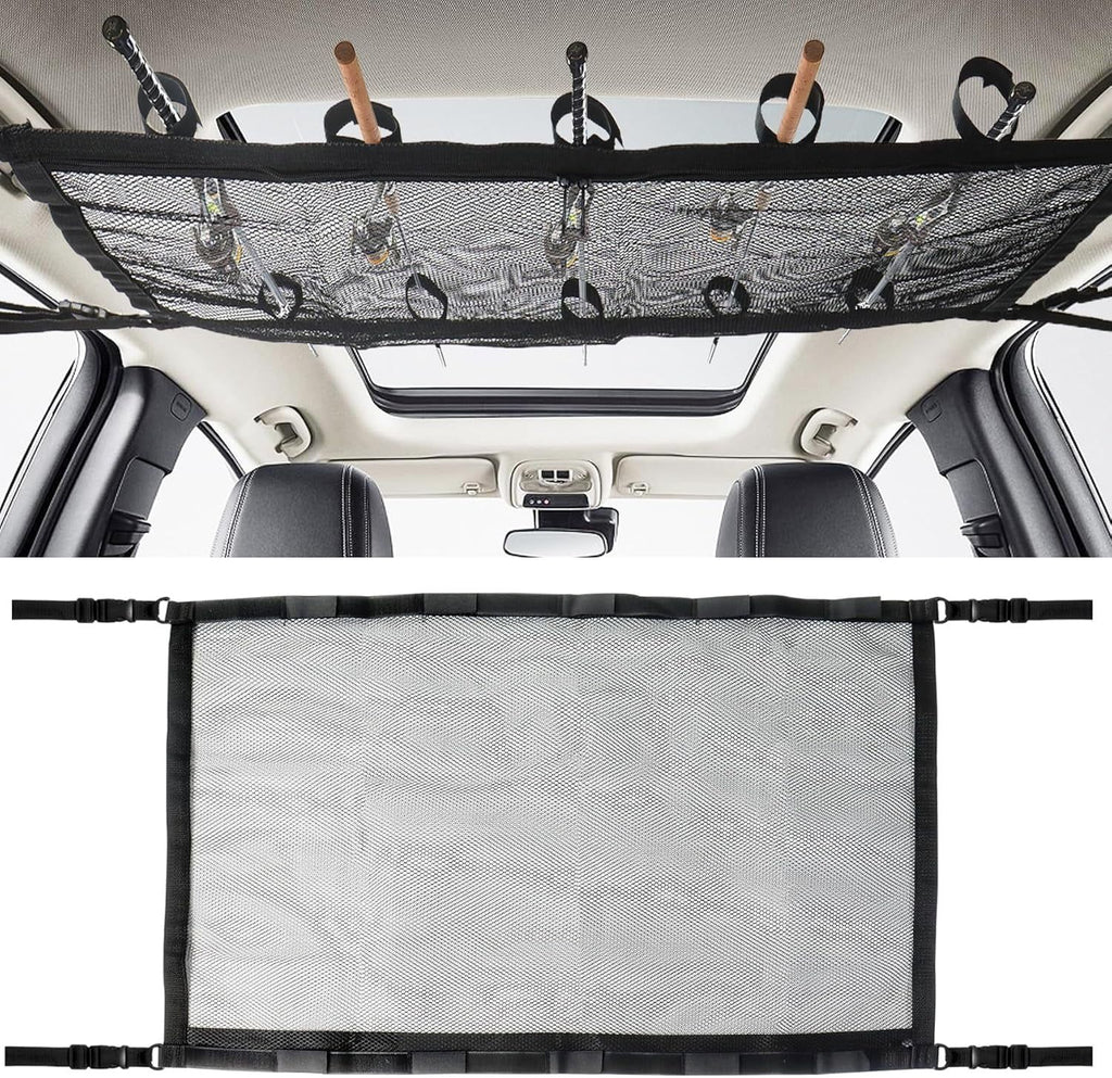 Car Ceiling Fishing Rod Holder, Double Layer Mesh Storage Net, Fits 5 Rods, Black 32 x 22 In