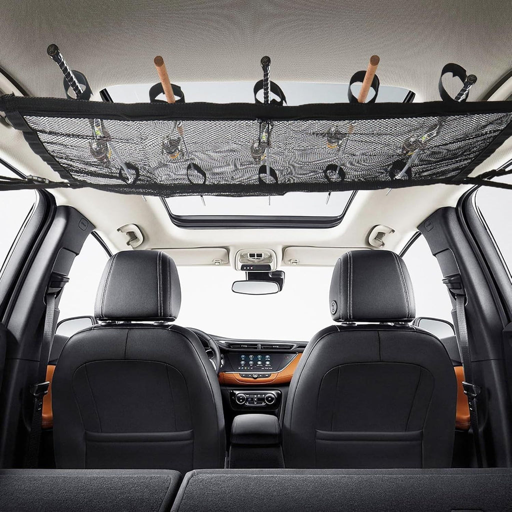 Car Ceiling Fishing Rod Holder, Double Layer Mesh Storage Net, Fits 5 Rods, Black 32 x 22 In