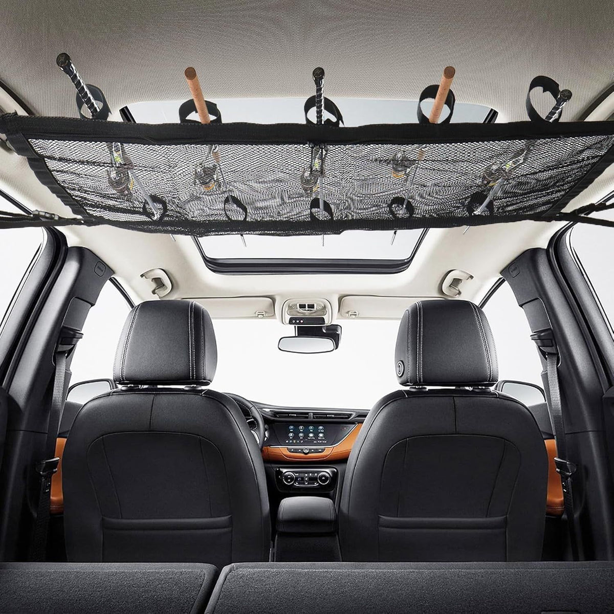 Car Ceiling Fishing Rod Holder, Double Layer Mesh Storage Net, Fits 5 Rods, Black 32 x 22 In