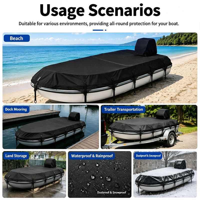 Trailerable 600D Oxford Pontoon Boat Cover, Comes with Separate Universal Outboard Motor Hood, Waterproof UV‑Resistant Boat Cover for Outdoor Storage & Mooring (22-24FT(872*460cm))
