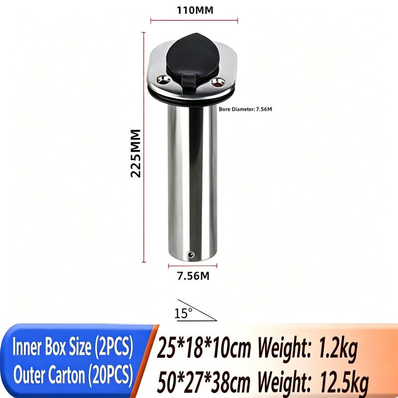 2 Pcs Stainless Steel Flush Mount Rod Holder 15°,  Marine Fishing Rod Holder with PVC Liner & Drain Hole, Boat Built-in Rod Mount for Yacht, Vessel, Kayak Fishing